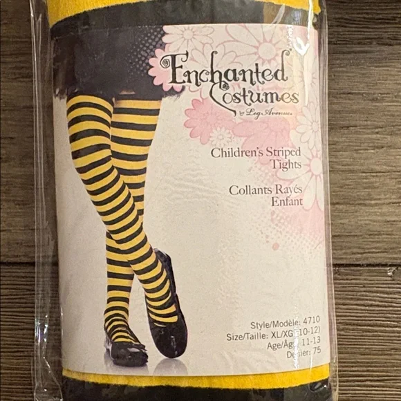NWT [Enchanted Costumes] Black/Yellow Stripe Bumble Bee Tights Kids XL Age 11-13 - Picture 3 of 6